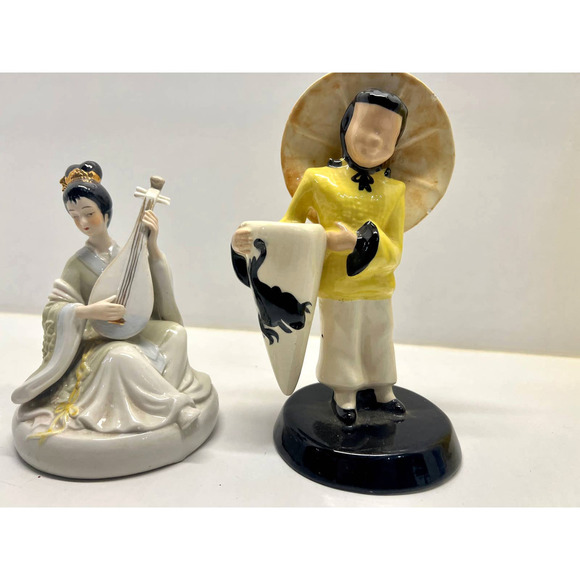 VNTG Asian Fig~Porcelain~ Vilas Man Rare Defect~ Geisha Asian Woman Playing Pipa - Picture 1 of 7